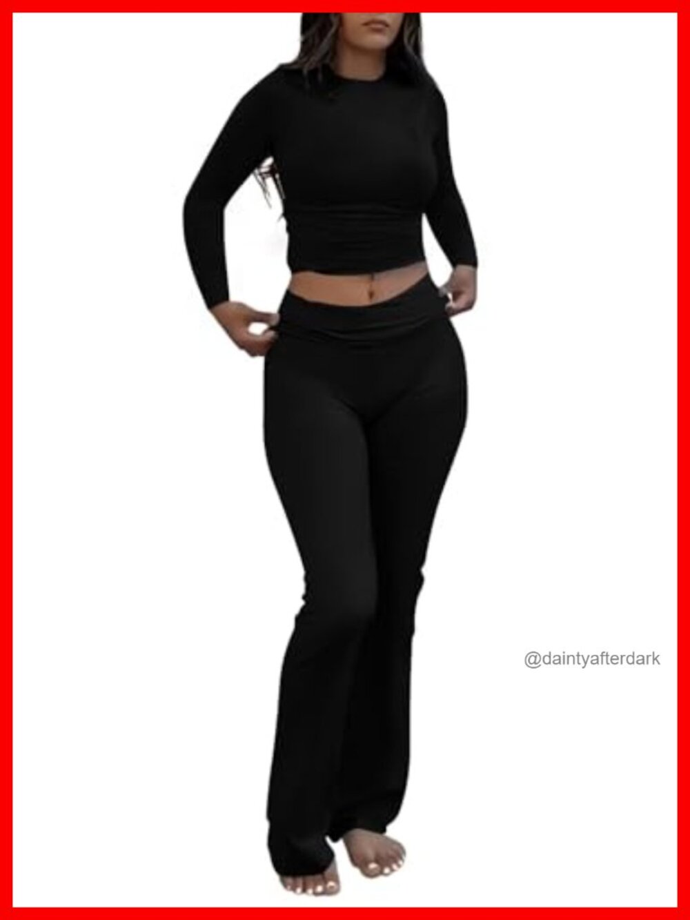 2 Piece Lounge Set Foldover Flare Pants Long Sleeve Crew Neck Fitted Pajama